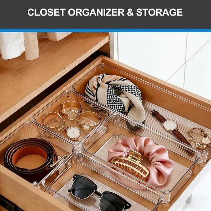 9 PCS Clear Plastic Drawer Organizer Sets, 3 Sizes Vanity Organizer Trays Stackable Storage Bins for Kitchen, Cabinet, Bathroom, Office, Laundry Room Organizing