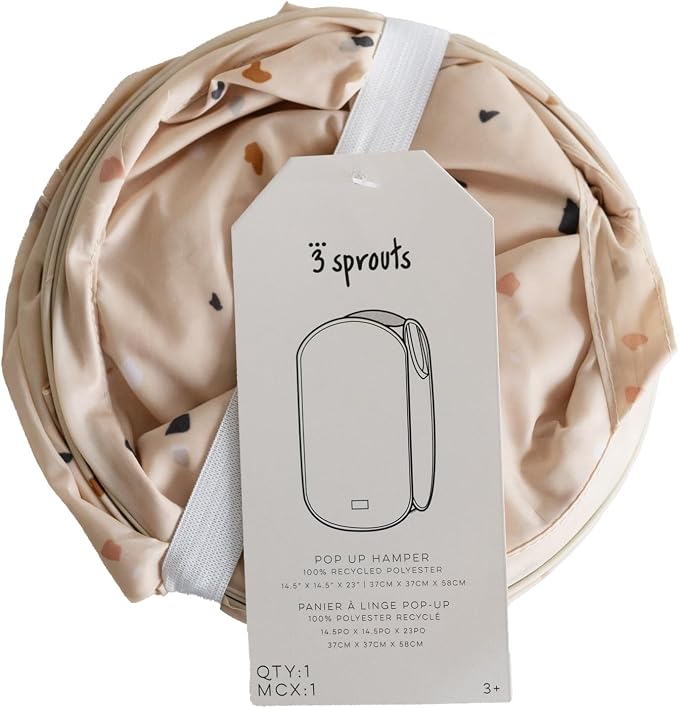 3 Sprouts Pop Up Hamper - Collapsible Laundry Basket, Popup & Foldable Design - Durable Waterproof Fabric for Dirty Clothes, Toys & Towels - Ideal for Dorm, Bedroom & Baby Nursery, Terrazzo Beige