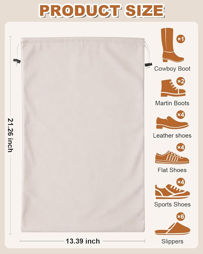 2 Pcs Shoe Bags for Travel, Large Boot Bag, Beige, 21.2x13.3 Inch | Washable & Reusable Travel Shoe Bags, Dustproof Shoe Bags with Drawstring Closure, Suitable for Travel, Home Storage