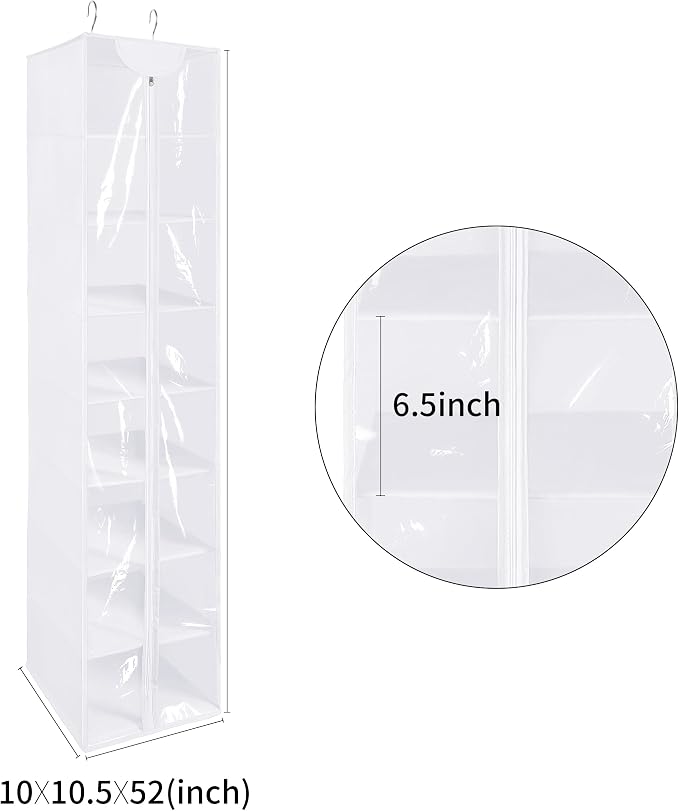 8 Tier Clear PVC Closet Hanging Organizer with Zipper, Foldable Hanging Closet Organizers and Storage, Hanging Clothes Storage Organizer, hanging shoe organizer, White Closet Shelves