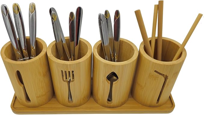 Bamboo Cutlery Holder Set - 4 kitchen Utensils Holder with Bamboo Tray | Decorative kitchen countertop Cutlery Stand | Utensil holder - knife, fork Spoon and Straw holders