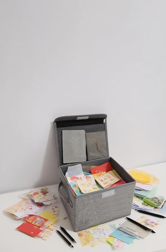 2 Pack Small Storage Box, Storage Basket with Lid, Foldable Cotton Linen Fabric Keepsake Box, Organizer Container with Zipper for Decorative, Medicine, Greeting Card Organizer.(Gray)