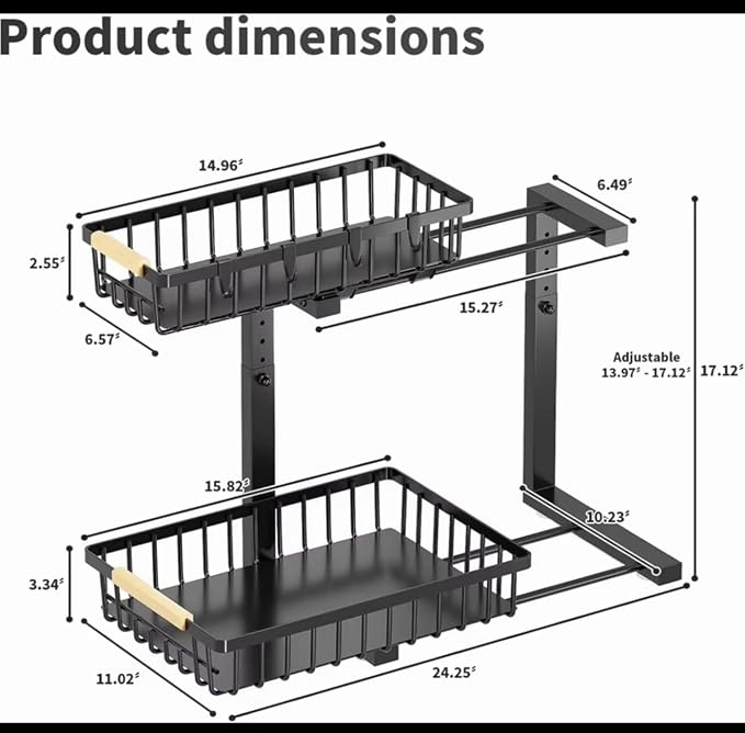 Adjustable Under Sink Organizer, 2-Tier Heavy Duty Metal Storage Rack for Kitchen & Bathroom