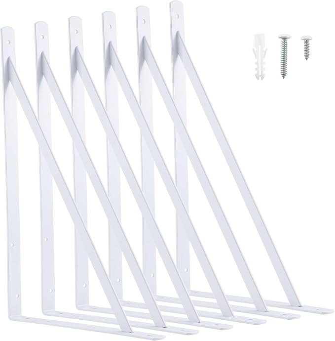 HOME MASTER HARDWARE 20 x 13 inch Heavy Duty Shelf Brackets, 6-Pack White Metal L Brackets - 90 Degree Angle Supports for Wall Mounted Wood Shelving, Floating Shelves with Screws