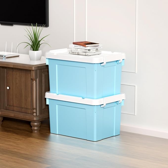 Cetomo Lidded Storage Bin with Handle, Tote Organizing Container with Durable Lid and Secure Latching Buckles, Stackable and Nestable, Plastic, 25 Quart-6 Pack, Blue