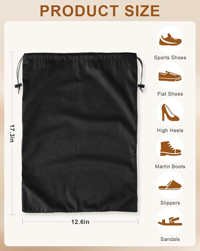 2 Pcs Shoe Bags for Travel, Dust Velvet Bags, Black Beauty, 17.3x12.6 Inch | Washable & Reusable Travel Shoe Bags, Dustproof Shoe Bags with Drawstring Closure, Suitable for Travel, Home Storage