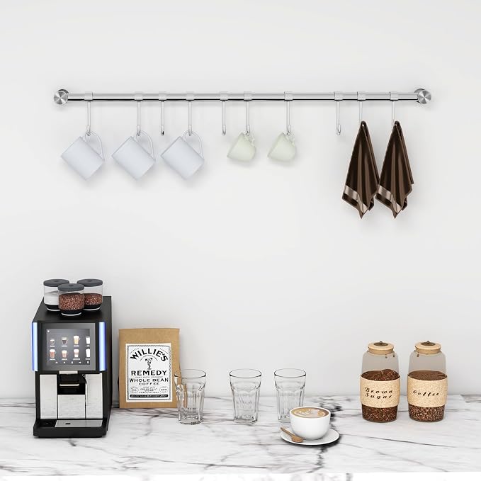 Audmore Kitchen Utensil Rack 2 PCS, 20.9” Pot & Pan Hanging Rack Wall Mount | 304 Stainless Steel Lid Cooking Utensil Hanger, 10 Sliding Hooks for Spatula Spoon, Measuring Cups, Coffee Mug, Space Saving