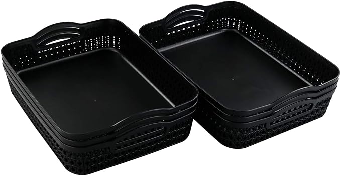 Large Plastic Storage Basket Tray with Handle, Black, Pack of 6