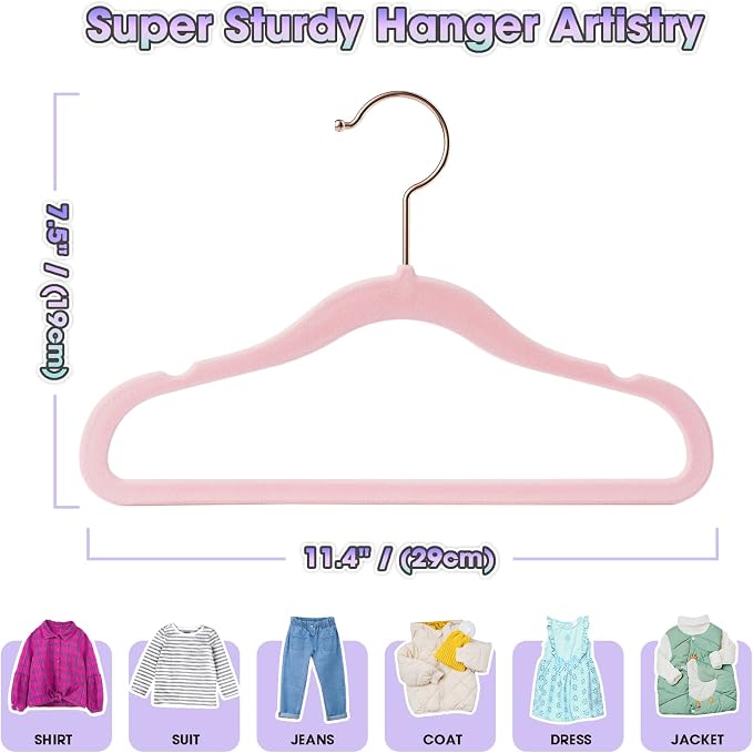 Baby Hangers Velvet 50 Pack-11.4 Inch,Baby Clothes Hangers Non Slip, Baby Hangers for Closet,Sturdy Infant/Toddler Hangers Pink Hangers