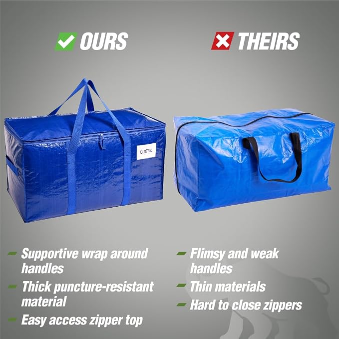 RUGGED RHINO 8 Pack Heavy Duty Extra Large Moving Bags, Durable Bag Strong Handles and Zipper, Moving Boxes Alternative for College Packing, Holiday Décor, Space Saving Storage with Label, Blue/Clear
