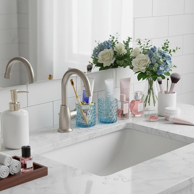 2pcs Blue Toothbrush Holders for Bathrooms, Glass Toothbrush Holder and Bathroom Tumbler Set, Gold Tooth Brush Cup Holder, Bathroom Counter Organizer for Brushes, Toothpaste