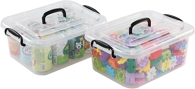 Quickquick 8 L Plastic Latching Box with Handle, Clear Storage Bins, 2-Pack | Stackable Latch Container Tote with Lid
