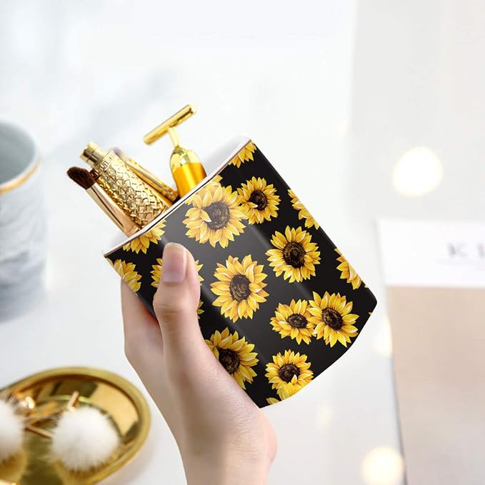 Pen Holder, Pencil Holder for Desk Floral Pattern Pencil Cup for Girls Kids Durable Ceramic Desk Organizer Makeup Brush Holder for Office, Classroom, Home, Sunflower