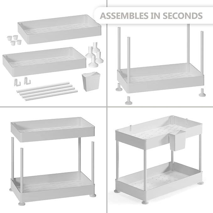 Under Sink Organizers and Storage | Bathroom Cabinet Organizer, Sink Shelf with Utility Hooks and Side Caddy for Under Cabinet Storage | White (1-Pack) Non Slip Grip Under Kitchen Sink Organizer