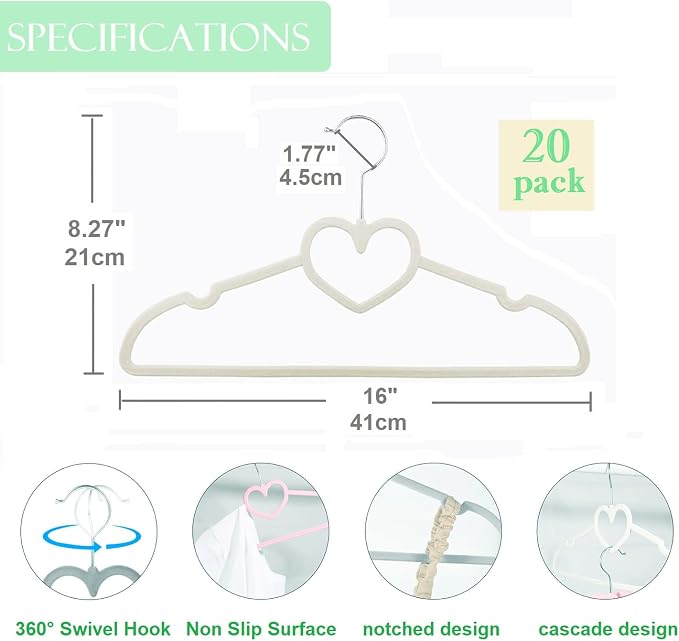 Velvet Hangers 20 Pack,16 Inch Non Slip Adult Heart Hanger (White) | 360° Swivel Hooks, Cascade Design, Space Saving