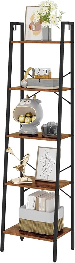 Hzuaneri Ladder Shelf, Bookshelf Bookcase, Freestanding Corner Storage Shelve with 2 Hooks for Home Office, Living Room, Kitchen, Bedroom, Industrial, 11.8" D x 17.3" W x 63" H, Rustic Brown BC19201B