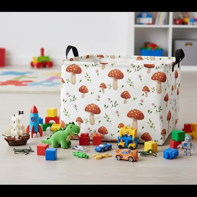 Rectangular Baby Kids Storage Basket for Home Kitchen Girls Cute Toy Storage Bin Organizer Shelf Book Room Decor(Mushroom)