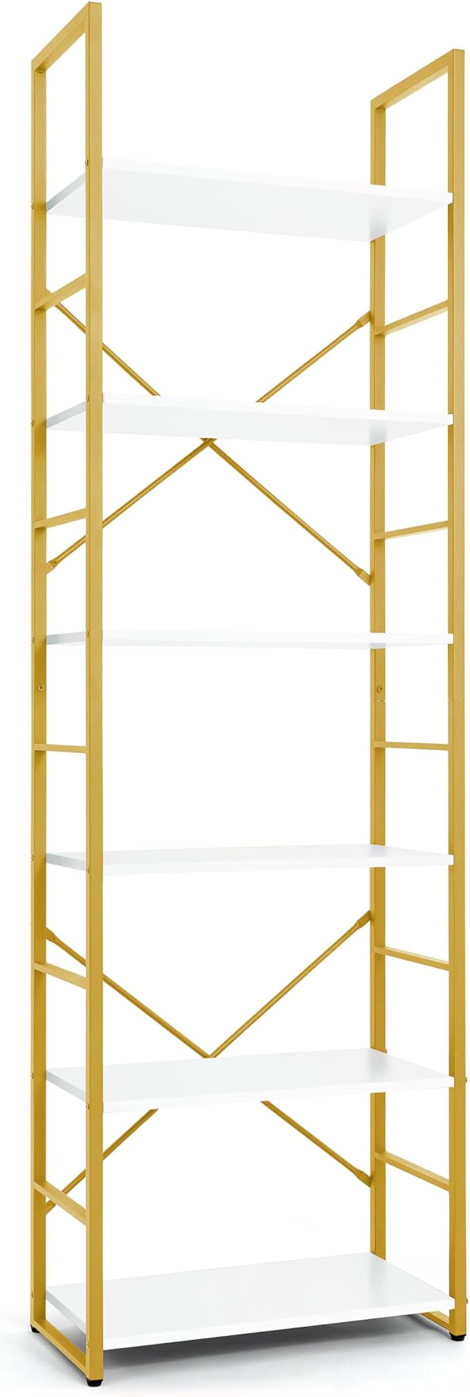 CAPHAUS 6 Tier Bookshelf, 24 Inch Width Free Standing Shelf, Bookcase Shelf Storage Organizer, Industrial Book Shelves for Home Office, Living Room, Kitchen, White Wooden Shelves & Gold Frame
