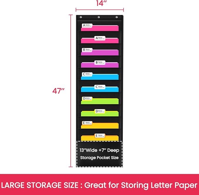 Premium Hanging File Folder Organizer, 10 Pockets, & 3 Hangers Cascading Wall Organizer,Perfect for Home Organization, School Pocket Chart, Office Bill Filing. Wall or Over Door Mount