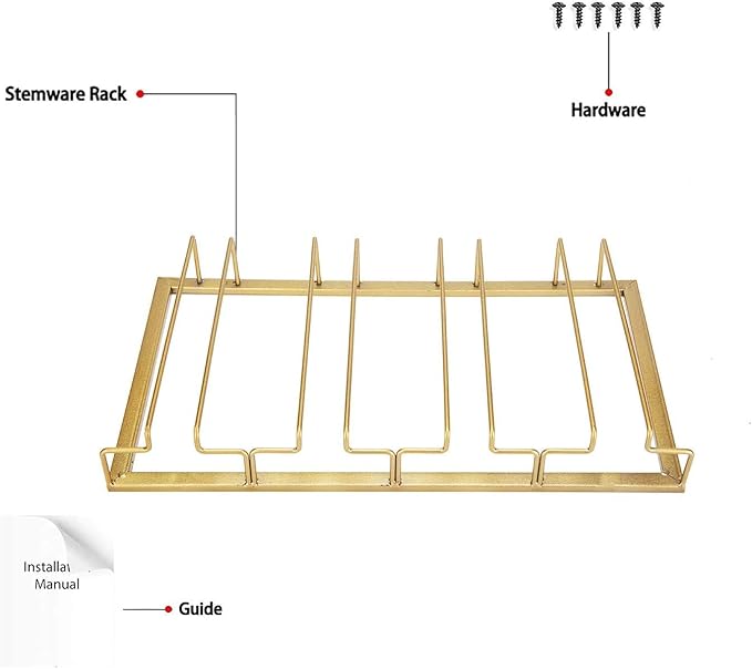 FOMANSH Wine Glass Rack - Under Cabinet Stemware Wine Glass Holder Glasses Storage Hanger 2 Pack Metal Organizer for Bar Kitchen Gold