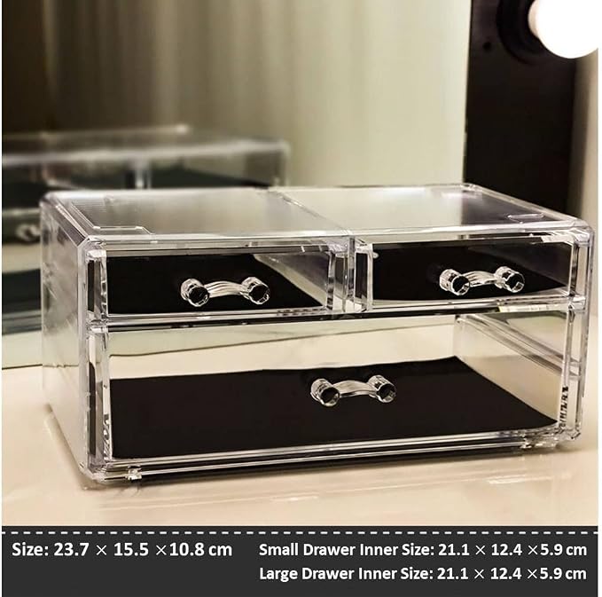 Acrylic Makeup Organizer Cosmetic Storage Jewelry Display Case Makeup Brush Holder Blush Organizer Lipstick Dispenser (9.3x 6.1 x 4.3 in, 2 Small & 1 long Drawers, Transparent)