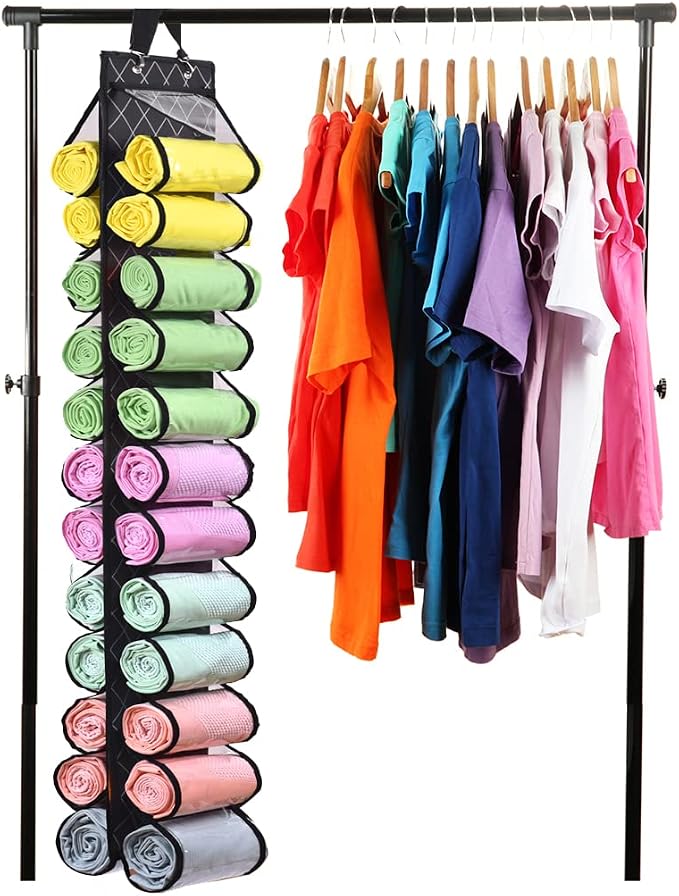 Legging Storage Bag Storage Hanger Can Holds 24 Leggings or Shirts Jeans Compartment Storage Hanger, Foldable Leggings Organizer Clothes Portable Closets Roll Holder (Color-LX)