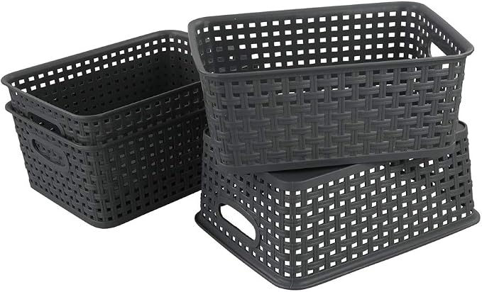 4-Pack Small Storage Baskets, Woven Plastic Basket, Gray | 10" x 7.7" x 4", Home Organization, Space - Saving Storage, Stylish Design, Organizer Baskets for Cabinet, Closet, Office