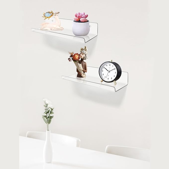 ROYALITA 2-Pack Small Acrylic Shelves Wall Mounted, 12 in Display Shelves | for Small Items, Plants, Room Decor Floating Wall Shelves for Gaming Room, Bedroom, Living Room, Office, Clear