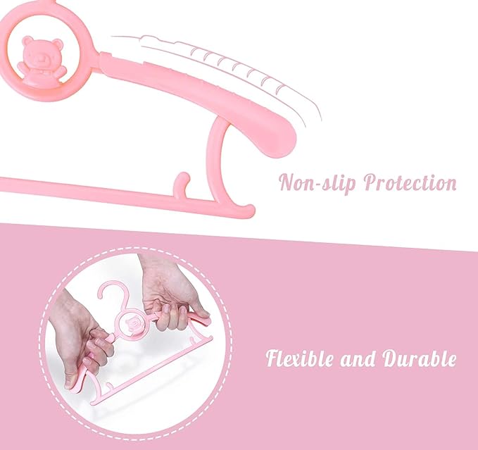 HGYZE Kids Hangers 11"-14" Adjustable Plastic Baby Girl Hangers 20 Pack, Toddler Bear Hanger for Children's Clothes Sweaters, Infant Hangar for Closet with Non-Slip Shoulder Grooves & Pants Bar, Pink