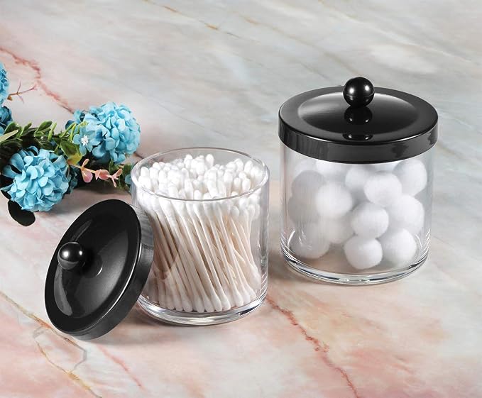SheeChung 2-Pack Plastic Apothecary Jars with Black Metal Lids-Clear Acrylic Qtip Holder Set-Shatterproof Bathroom Vanity Organizer for Cotton Balls, Swabs, Pads-Modern Farmhouse Chic Decor