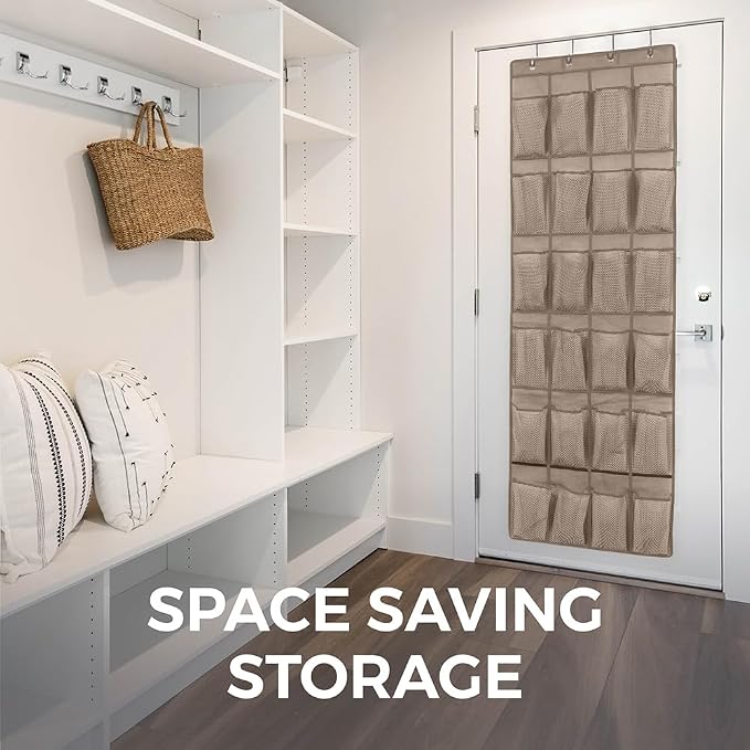 HOME GENIE Over the Door Hanging Shoe Organizer, 2 Pack, 24 Breathable Mesh Pockets, Closet Rack Storage Holder Stay in Place Hooks Hang on Closets, Hanger Holds Up to 40 lbs, Shoes, Accessories Beige