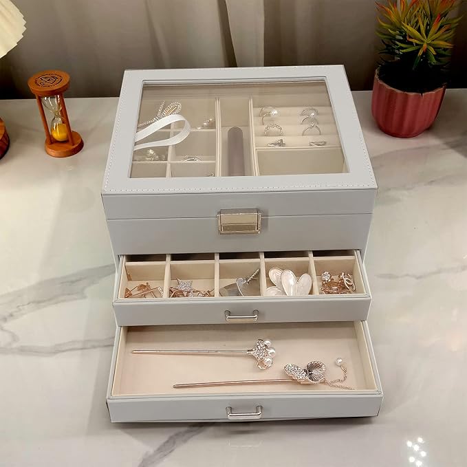 BOOVO Clear Lid Jewelry Box,3 Layers Jewelry Organizer Large Jewelry Storage Box with 2 Drawers,Jewelry Holder Organzier of Rings Earrings Necklace Bracelets for Women (Grey, 3 Layer)