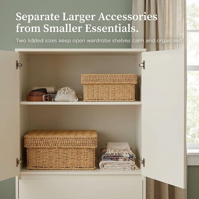 Wicker Storage Basket with Lid - Woven Storage Basket for Organizing,Rectangular Decorative Boxes Bins with Lids for Shelves, living room, Nursery, 2-Piece Set(Natural)
