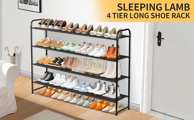 SLEEPING LAMB Long 4-Tier Shoe Organizer for Closet, Stackable Wide Shoe Rack Holds 30-Pairs Low Shoe Shelf Storage for Bedroom, Floor, Entryway(Black)