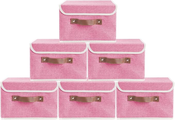 2Pack Storage Bins Boxes with Lids 15"x10"x10" Decorative Storage Baskets | Cotton Linen Fabric, Collapsible, Faux Leather Handles, Storage Cubes, Closet Shelf Clothes Organizer Container, Pink