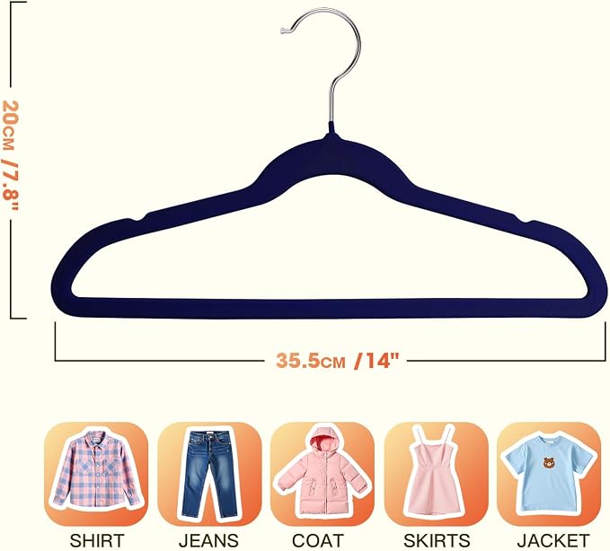 Kids Hangers 50 Pack,14 Inch Kids Velvet Hangers Slim & Space-Saving,Baby Clothes Hangers with 360 Swivel Hook,Heavy Duty Hanger for Infant & Childrens Coats, Pants,and Dress (Dark Blue)