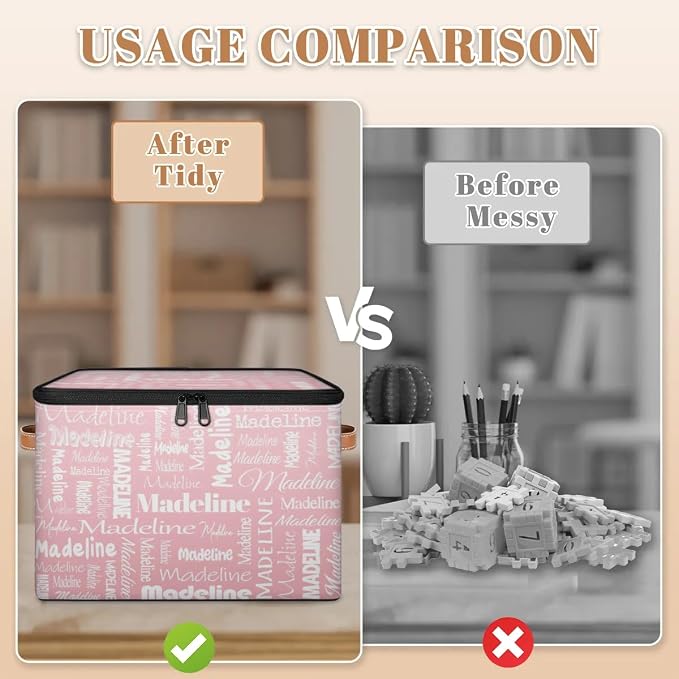 Custom Storage Basket with Name, Personalized Keepsake Box with Zipper Lid, Foldable Fabric Memory Bin Large capacity with Handle Pink