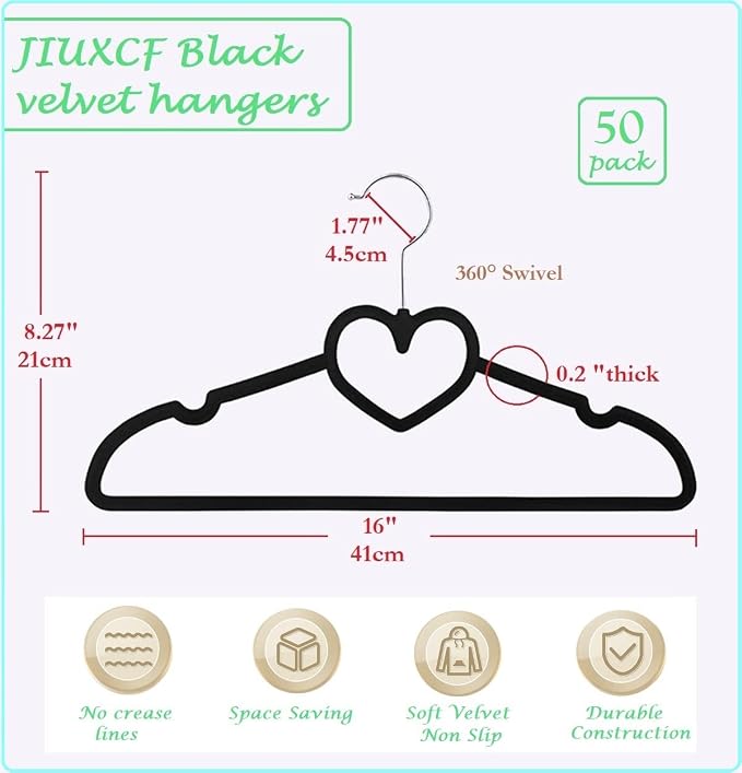 Velvet Hangers 50 Pack,16 Inch Non Slip Adult Heart Hanger (Black) | 360° Swivel Hooks, Cascade Design, Space Saving
