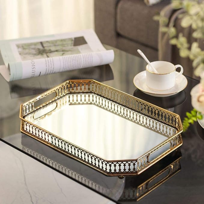 Vintage Gold Mirrored Vanity Tray – Decorative Perfume and Makeup Organizer with Handles for Dresser, Bathroom or Jewelry Display, Large Size 13.8" X 9.6" X2.2"
