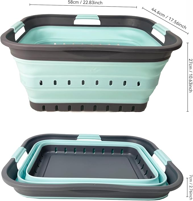 SAMMART 42 (11 Gallons) Collapsible Plastic Laundry Basket, Foldable Pop Up Storage Container/Organizer, Space Saving Hamper, Portable Bin for Dorm Room Bathroom (2, Grey/Lake Green)