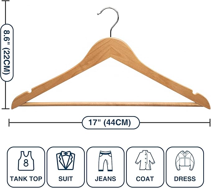 Wooden Hanger 10 Pack,Wood Hanger Solid Shirt Hangers with Pants Bar,Heavy Duty & Slim Coat Hanger,for Suit Coat Jacket Pants(Natural)