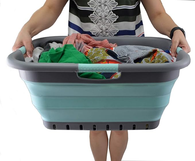 SAMMART 41L (10.8 Gallon) Collapsible Plastic Laundry Basket-Foldable Pop Up Storage Container/Organizer- Portable-Space Saving Hamper/Basket (3 handled rectangular, Medium Grey/Lake Green)