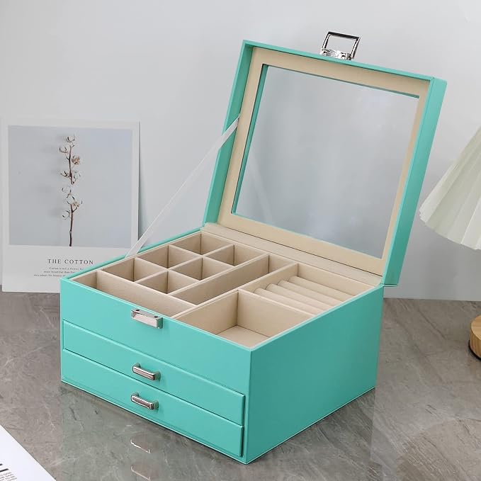BOOVO Clear Lid Jewelry Box,3 Layers Jewelry Organizer Large Jewelry Storage Box with 2 Drawers,Jewelry Holder Organzier of Rings Earrings Necklace Bracelets for Women (Turquoise, 3 Layer)