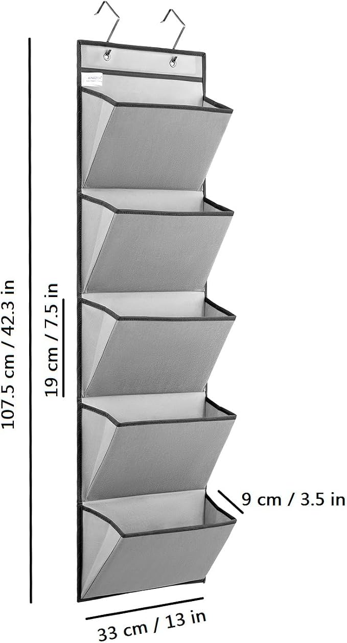 Wall Mounted Hanging Mail Organizer Back to School Paper Organizer File Holder for Classroom Office Organization (5 POCKETS-GREY)