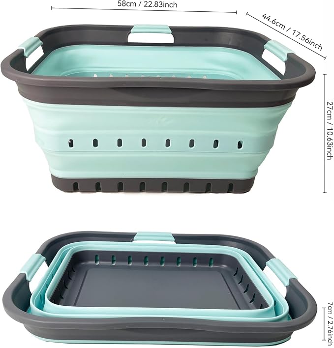 SAMMART 42 (11 Gallons) Collapsible Plastic Laundry Basket, Foldable Pop Up Storage Container/Organizer, Space Saving Hamper, Portable Bin for Dorm Room Bathroom (1, Grey/Lake Green)