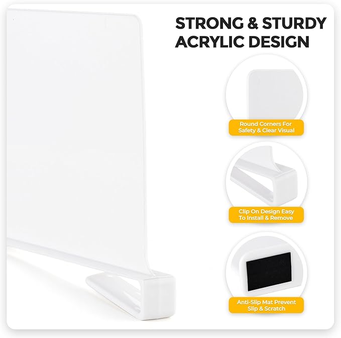 White Acrylic Shelf Dividers for Closets Organizer & Storage,6 Pack | Adjustable Vertical Wood Shelf Closet Separators, Keep Clean, for Clothes,Book,Bags, in Bedroom and Kitchen