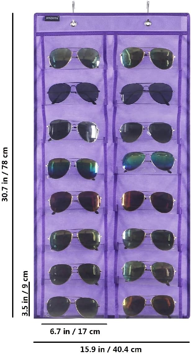 Over the Door Hanging Sunglasses Organizer Storage Sunglass Rack Holder Eyewear Display Case with 16 Clear Dust Proof Pockets (16 Pockets-Purple)