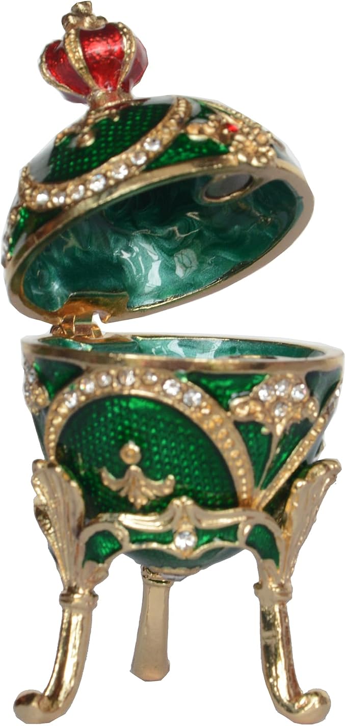 Faberge Egg Trinket Box - Easter Egg Collectible, Jewelry Box Hand Painted Decorative Box with Hinged Lid Ring Earring Holder (Green)