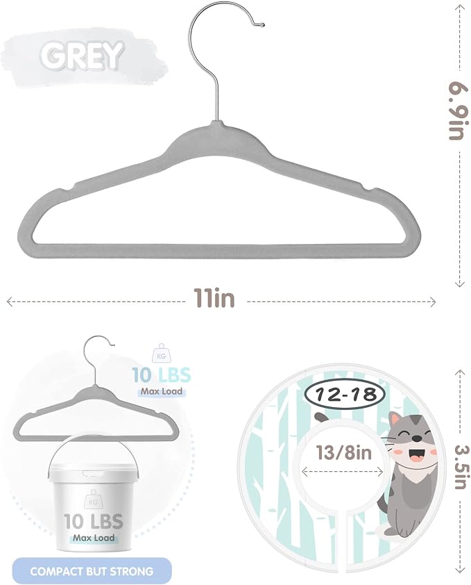 VIS'V Velvet Baby Hangers with 6 Pcs Size Dividers, 11 Inch, Gray, 50 Pcs | Compact Size, Non Slip, Infant Toddler Nursery Closet Organization