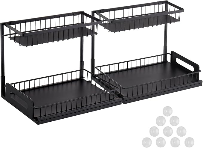 VEVOR Pull Out Cabinet Organizer, 2 Tier Under Sink Organizer and Storage(10.7"W x 14.2"D ), Slide Out Drawer Cabinet Organizer, Wire Basket Sliding Shelf for Kitchen Bathroom Cabinet, Black (2 Pack)